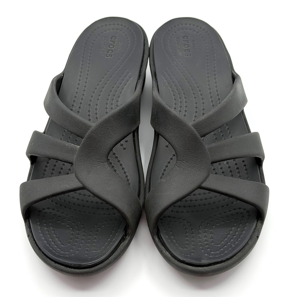 CROCS Sanrah Wedge Sandals Womens Size 11 Black Comfort Slide Walking Travel